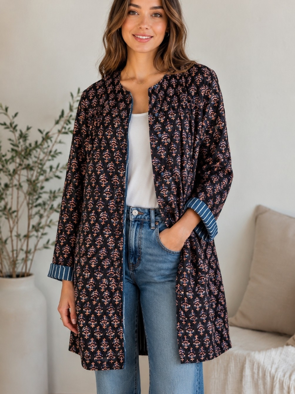 Farylina Printed Longline Jacket in Navy with Pink Quilted Size Large 21ptp NWT